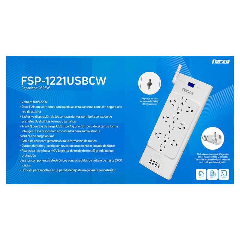Protector tensión 12 salidas 4 USB 1625 W Forza
