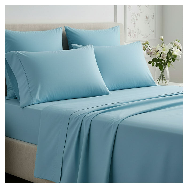 100% cotton 4-piece queen sheet set, light blue, includes 2 pillowcases