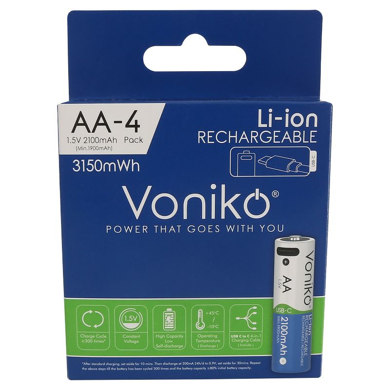 4 baterías recargables AA 2100 mAh Voniko (incluye cable tipo C)