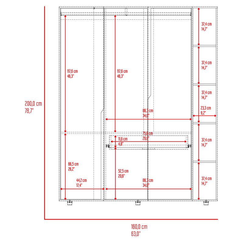 Melamine closet, 3 doors, ash and white, 160 x 200 x 51.7 cm