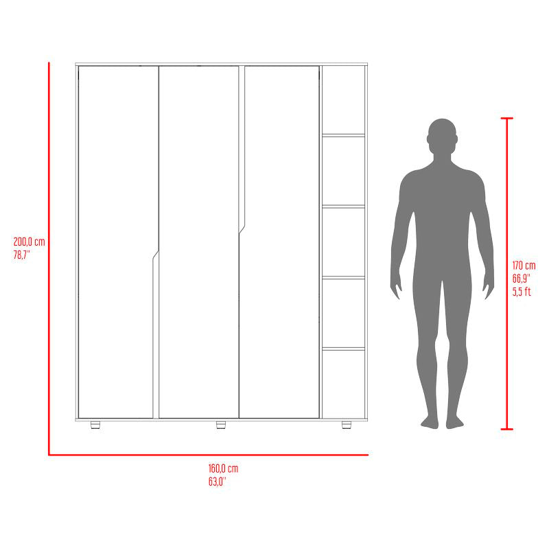 Melamine closet, 3 doors, ash and white, 160 x 200 x 51.7 cm