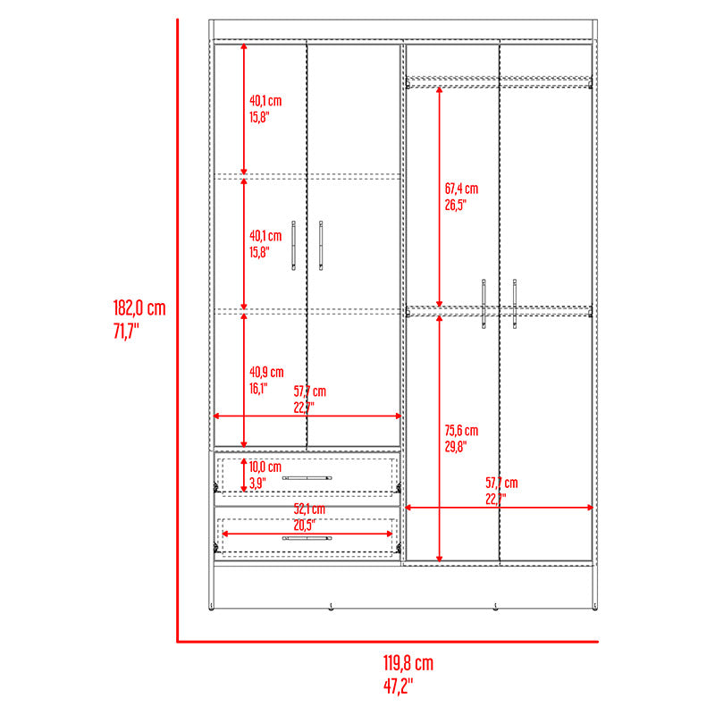 Closet de melamina 4 puerta fresno interior y wengué 119,8 x 182 x 44,5 cm