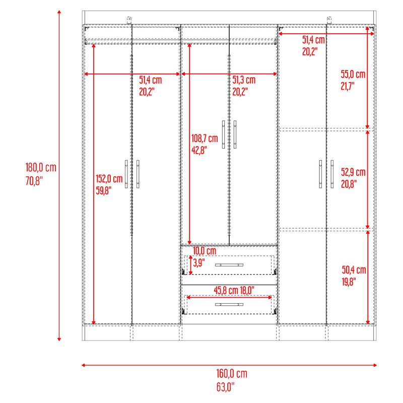 6-door melamine closet, ash finish, 160 x 180 x 47 cm