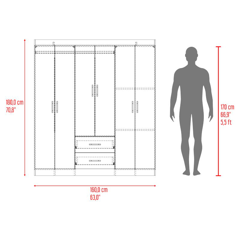 6-door melamine closet, ash finish, 160 x 180 x 47 cm