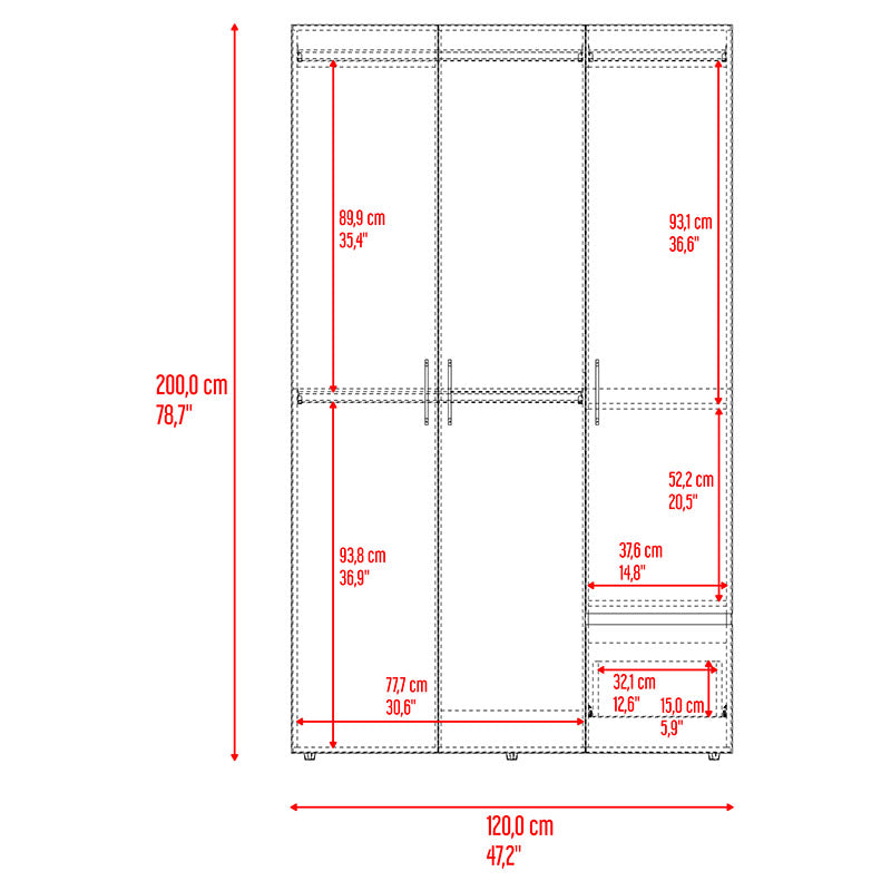 White melamine 3-door closet 120 x 200 x 48.2 cm