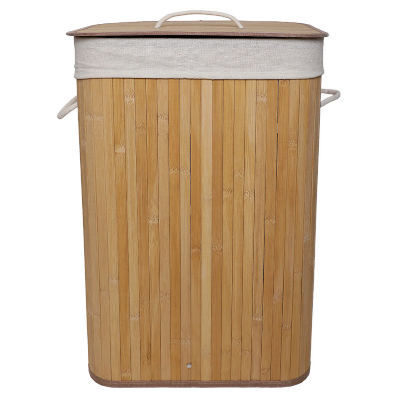 Canasta para ropa de bambú rectangular 72 L beige con agarraderas