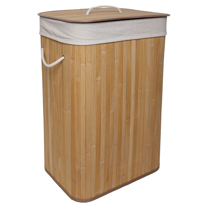 Canasta para ropa de bambú rectangular 72 L beige con agarraderas