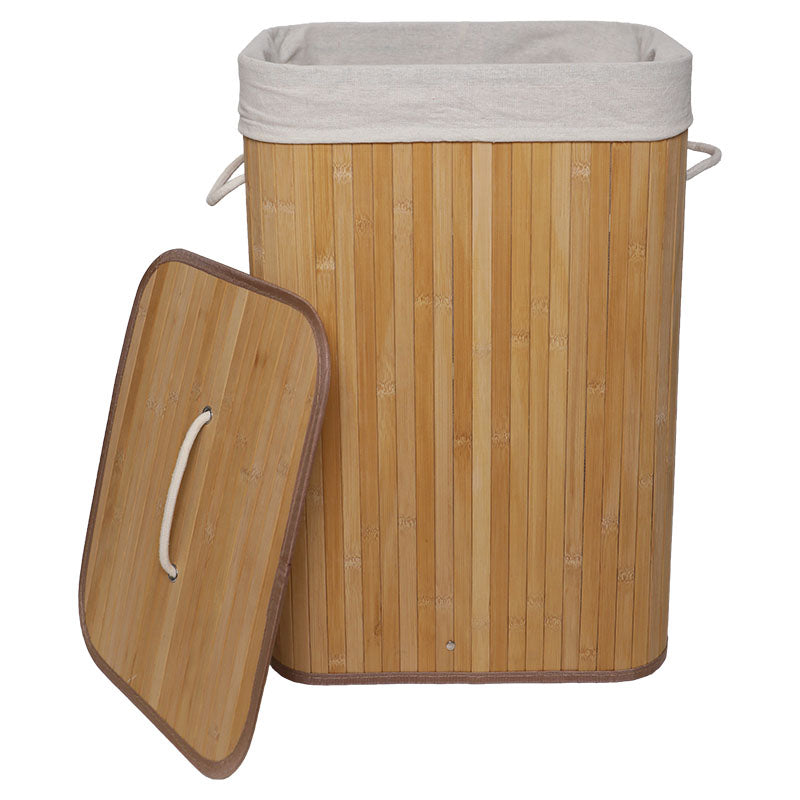 72 L Beige Rectangular Bamboo Laundry Basket with Handles