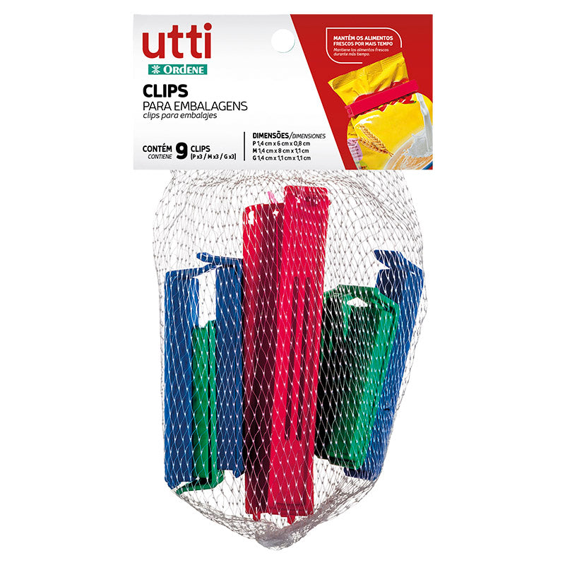 Set of 9 Utti plastic packaging clips, assorted colors