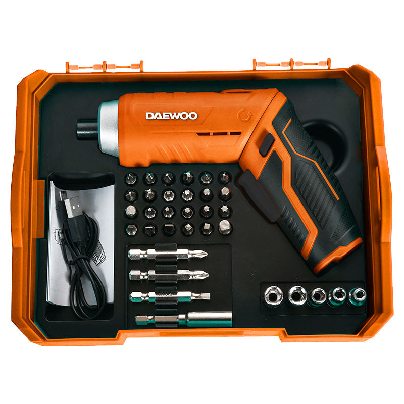 Daewoo 3.7V Cordless Screwdriver includes 23 bits and USB cable