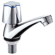 Low single-handle basin faucet, chrome-plated silver with knob handle