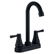 Matte black 4" centerset bathroom faucet with high-arc swan neck spout and lever handle