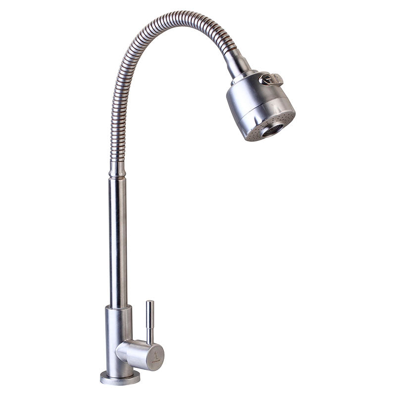 Single-handle kitchen faucet with tall flexible neck, brushed nickel, and lever handle