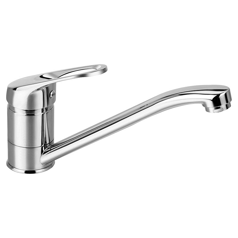 Grifo para cocina monomando cuello recto bajo plata cromado con manilla palanca