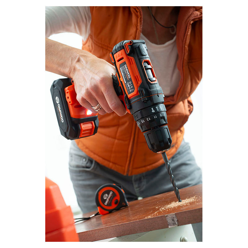 Daewoo 3/8" 20V Cordless Hammer Drill + 70-Piece Kit, Charger, and 2.0 Ah Battery