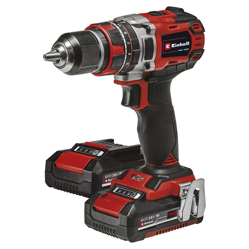 Einhell 18V Cordless Hammer Drill 1/2" includes two 2Ah batteries and charger