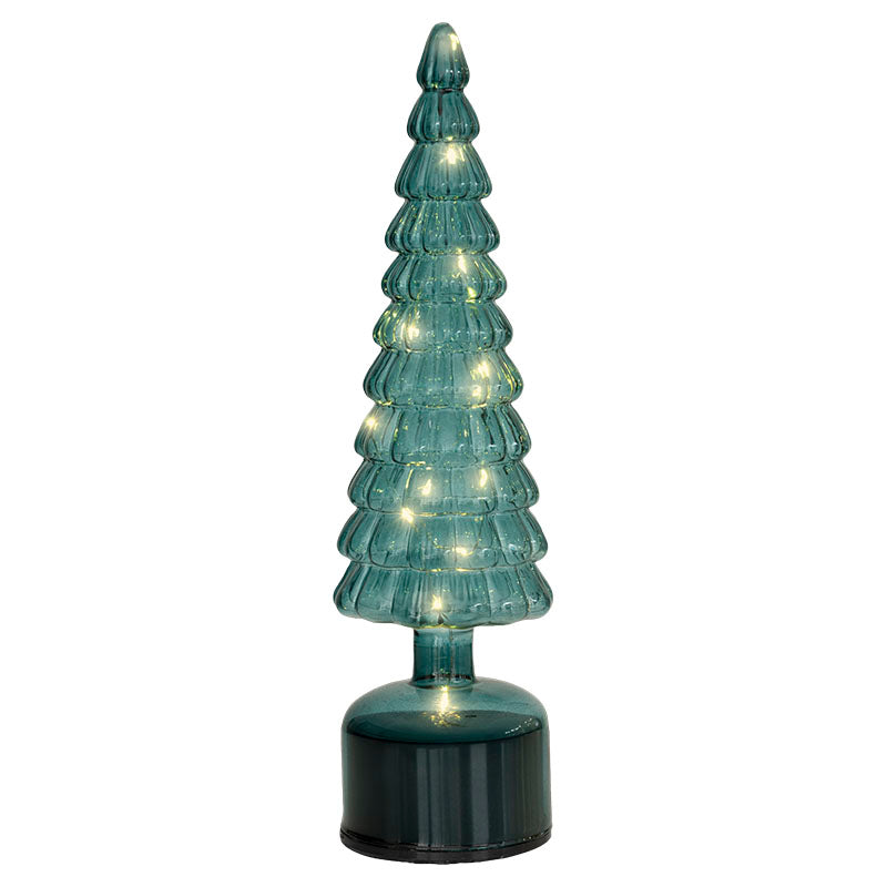 Árbol navideño de vidrio verde giratorio con micro LED luz intermitente blanco cálido 34 cm