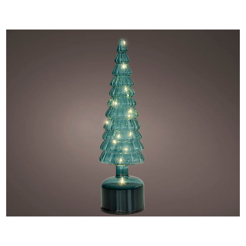 Árbol navideño de vidrio verde giratorio con micro LED luz intermitente blanco cálido 34 cm
