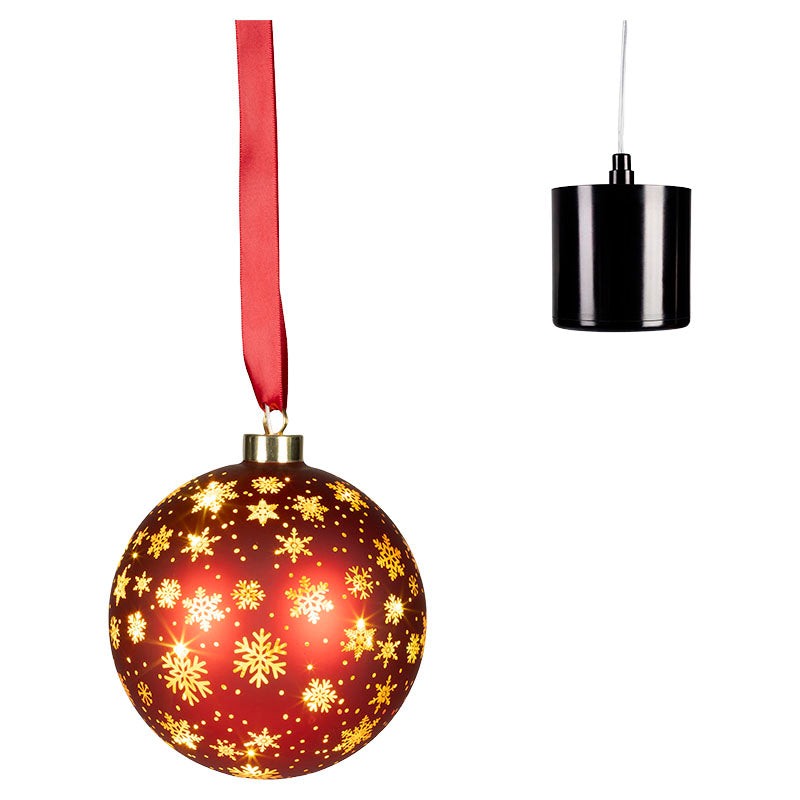 Esfera navideña de vidrio rojo giratoria con micro LED luz fija 14 cm