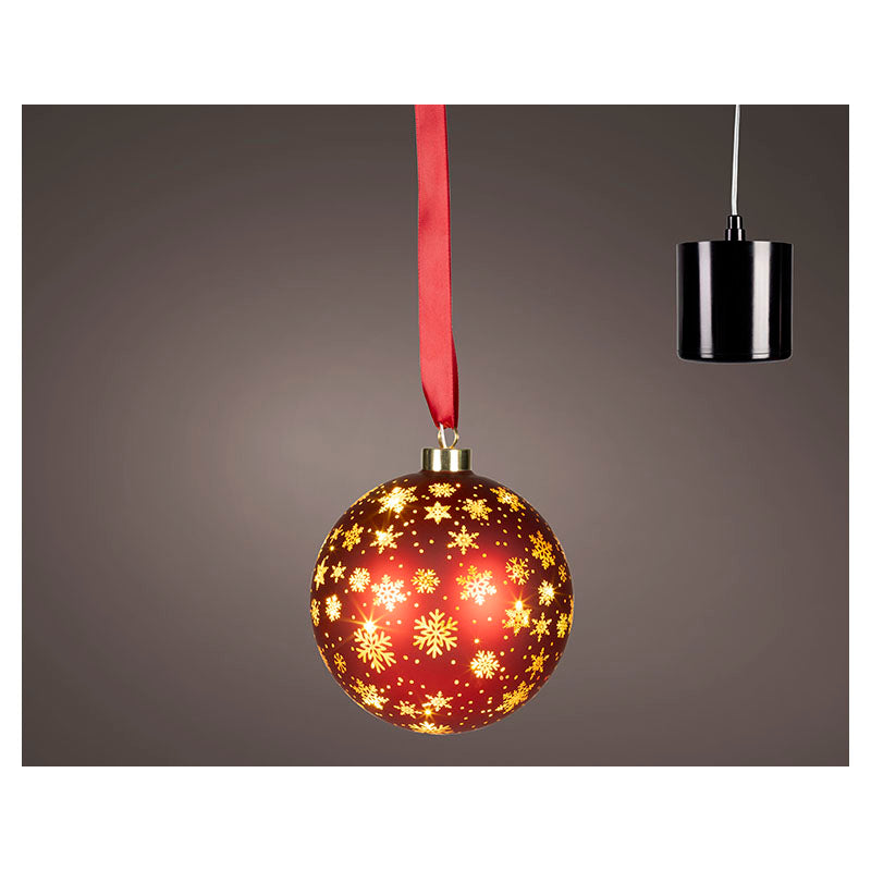 Esfera navideña de vidrio rojo giratoria con micro LED luz fija 14 cm