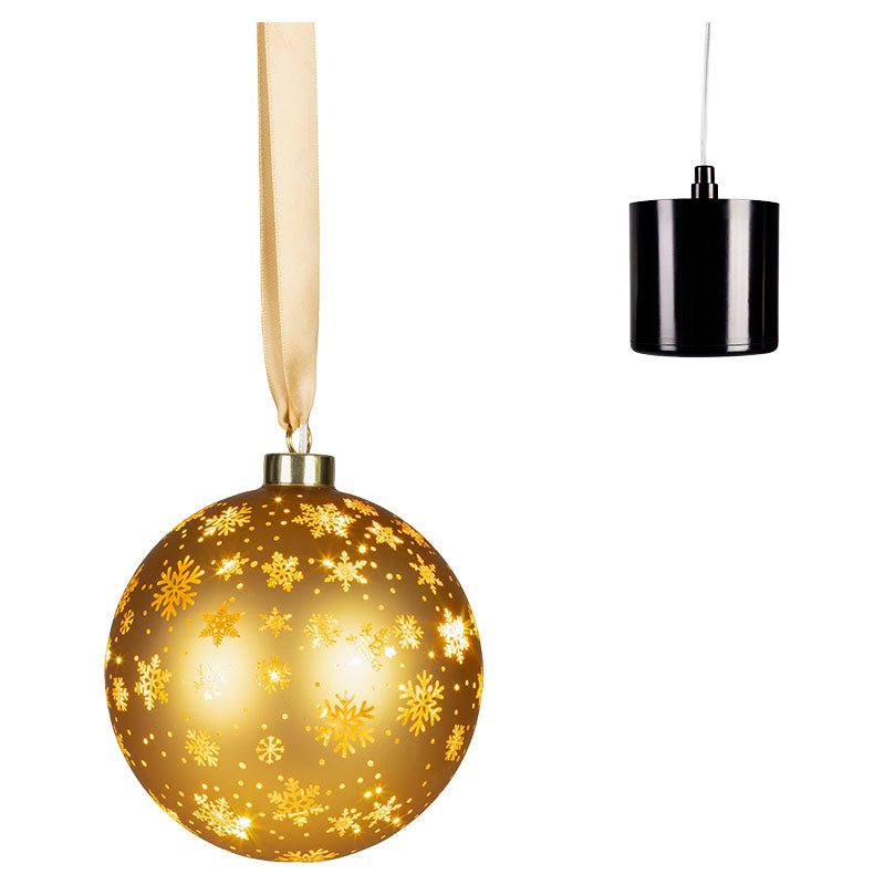 Esfera navideña de vidrio dorada giratoria con micro LED luz fija 14 cm
