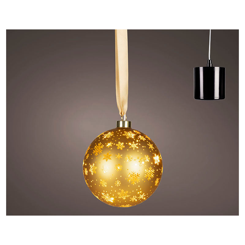 Esfera navideña de vidrio dorada giratoria con micro LED luz fija 14 cm