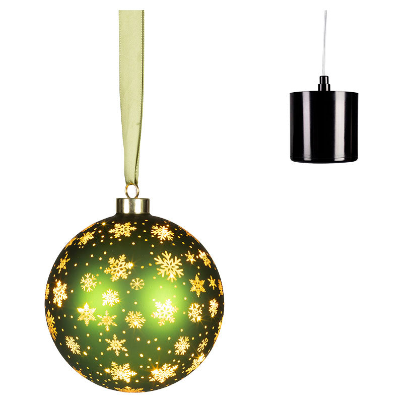 Esfera navideña de vidrio verde giratoria con micro LED luz fija 14 cm