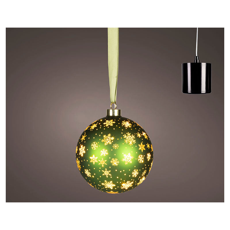 Esfera navideña de vidrio verde giratoria con micro LED luz fija 14 cm