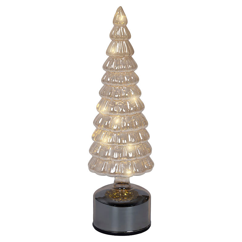 Árbol navideño de vidrio marrón giratorio con micro LED luz intermitente blanco cálido 34 cm