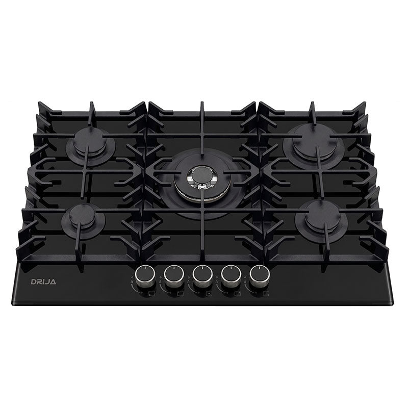 Cocina a gas vidrio templado 5 quemadores de aluminio y plancha de hierro 51 x 76 x 10 cm Drija