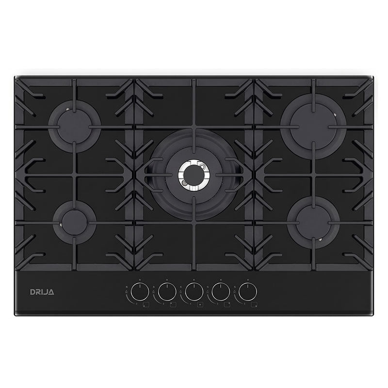 Cocina a gas vidrio templado 5 quemadores de aluminio y plancha de hierro 51 x 76 x 10 cm Drija