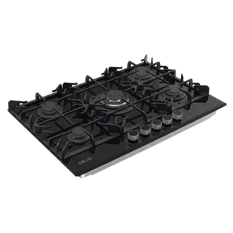 Cocina a gas vidrio templado 5 quemadores de aluminio y plancha de hierro 51 x 76 x 10 cm Drija