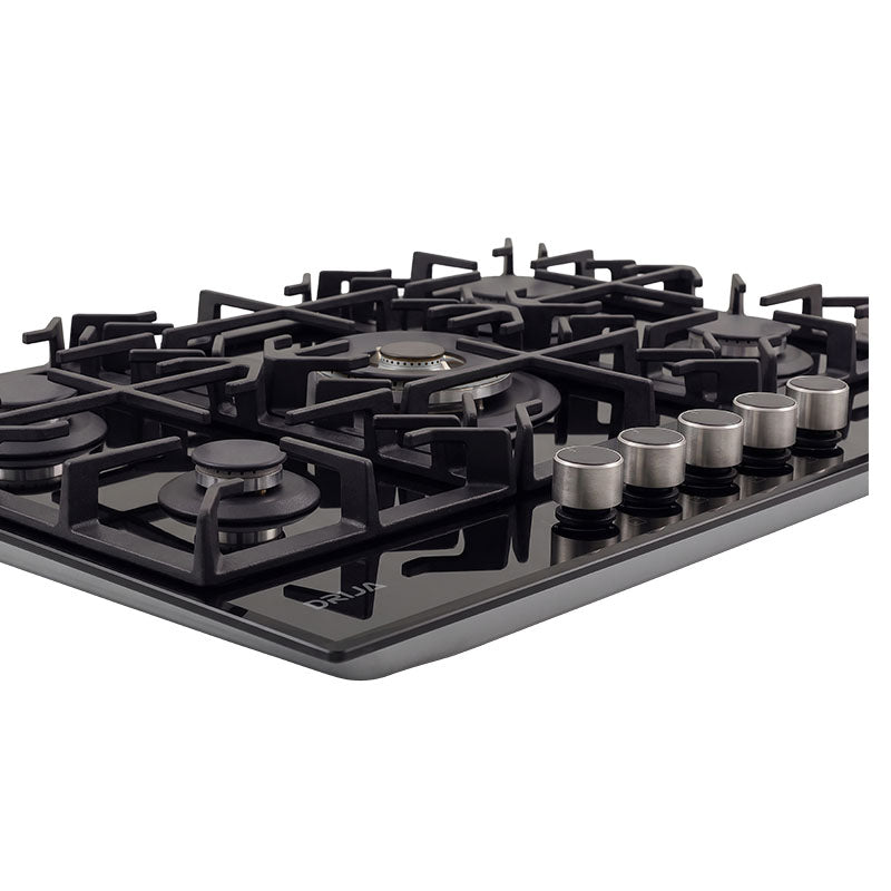 Cocina a gas vidrio templado 5 quemadores de aluminio y plancha de hierro 51 x 76 x 10 cm Drija