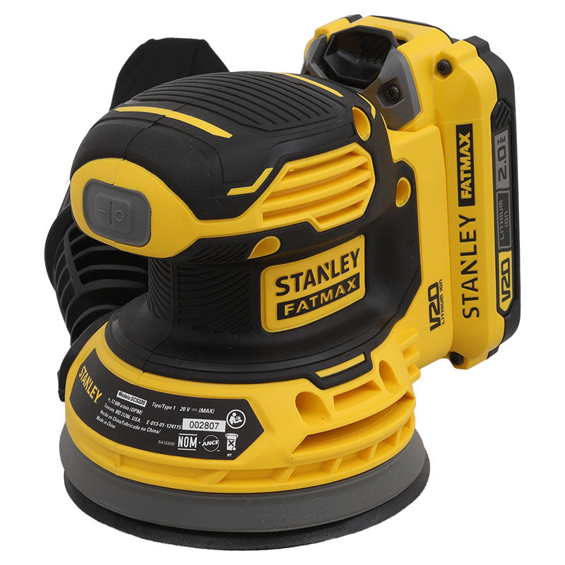 Lijadora roto orbital 5" inalámbrica 20V Stanley incluye 2 baterías 2Ah, cargador y maletín