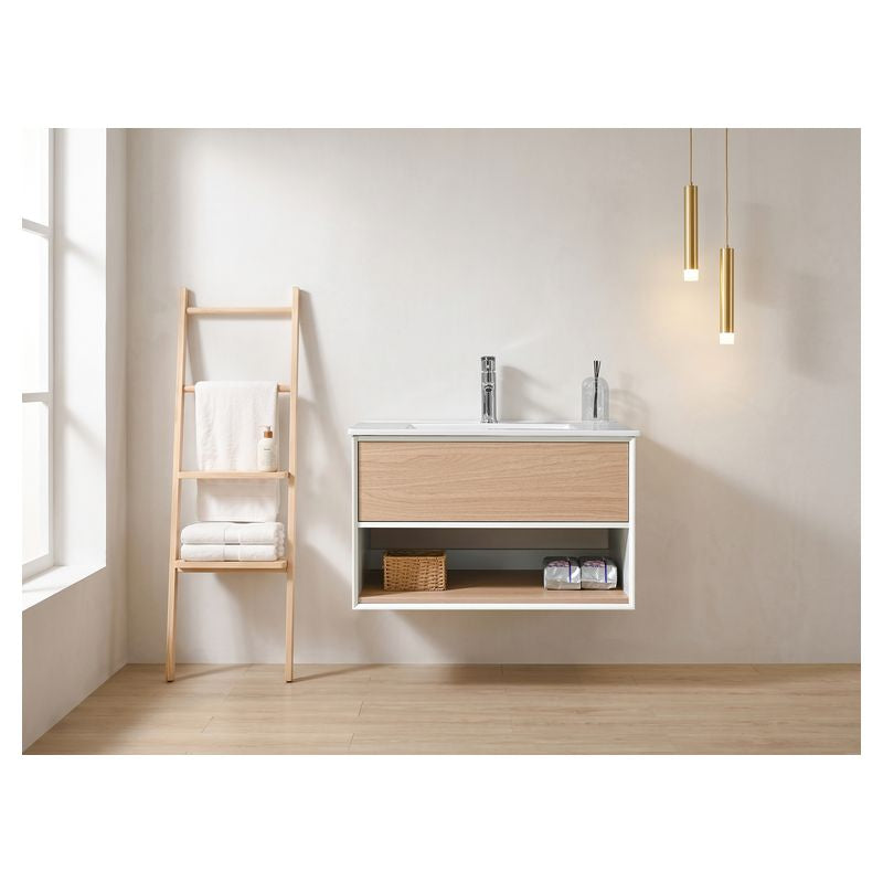 Mueble de baño Nova MDF 80 x 46 x 48 cm Roble natural incluye lavamanos de cerámica y desagüe