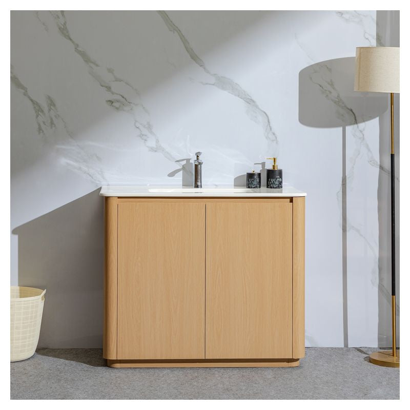 Mueble de baño Bari MDF 80 x 48 x 36 cm Roble natural Cuenta con tope de piedra artificial y 1 gaveta