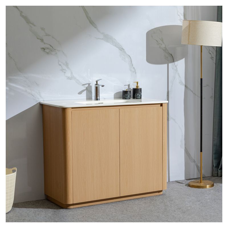 Mueble de baño Bari MDF 80 x 48 x 36 cm Roble natural Cuenta con tope de piedra artificial y 1 gaveta
