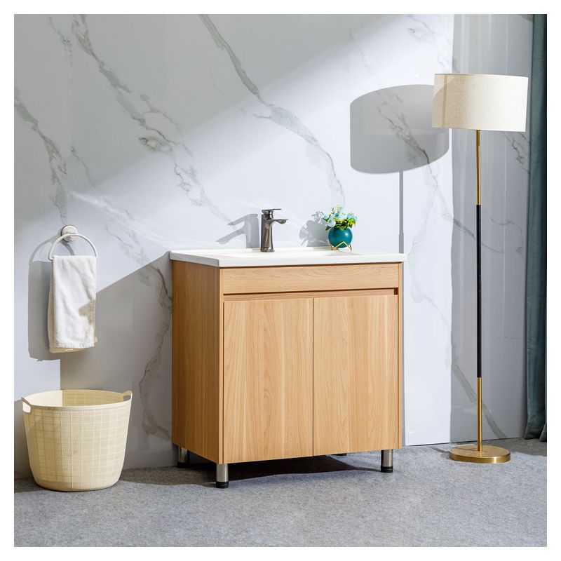 Mueble de baño Verona MDF 60 x 46 x 48 cm Roble natural y blanco incluye lavamanos de cerámica y desagüe