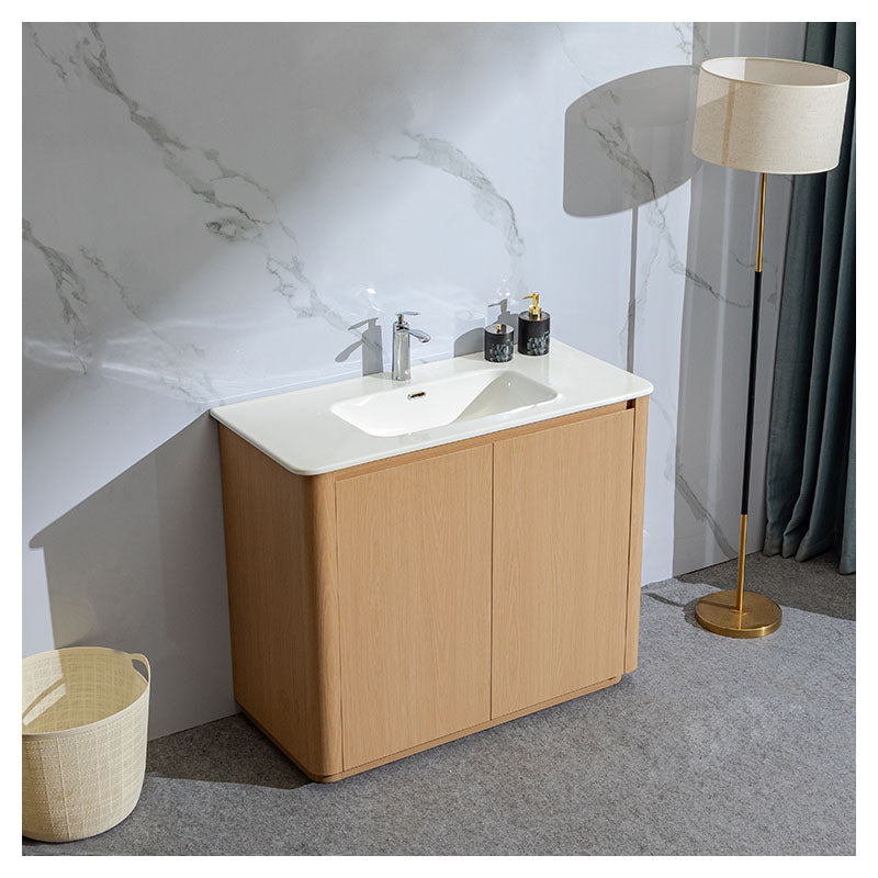 Mueble de baño Burgos MDF 100 x 47 x 86 cm Madera natural incluye lavamanos de cerámica, 2 puertas y desagüe