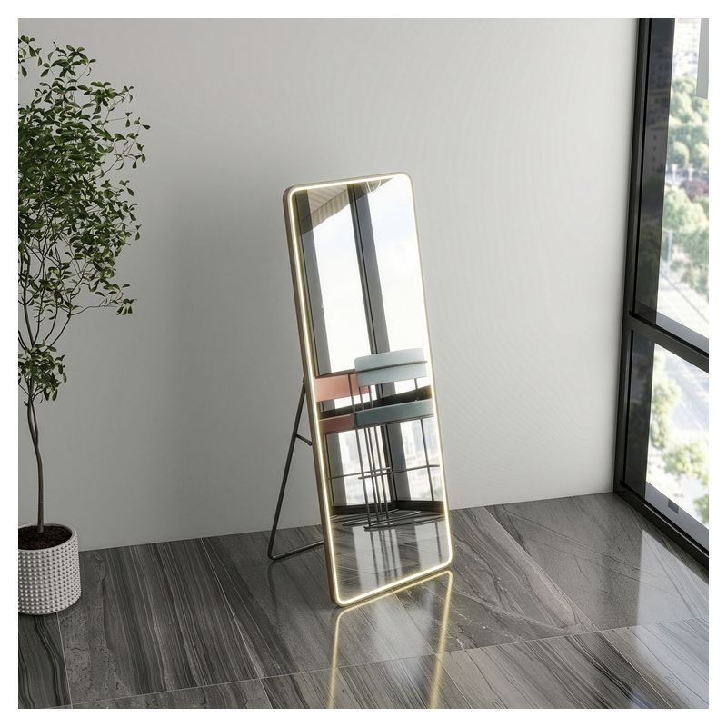 Espejo rectangular 50 x 130 cm con marco negro luz led integrada y soporte de pie
