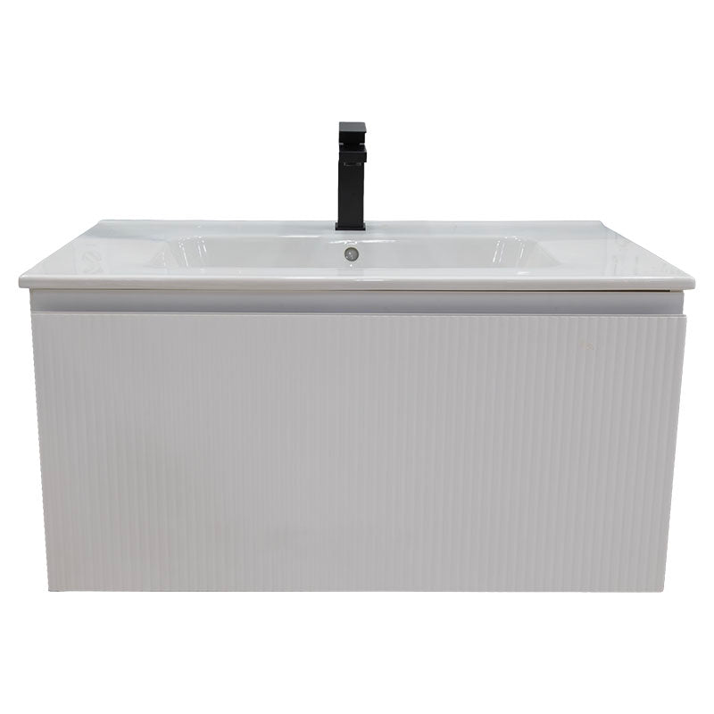 Elm vanity cabinet includes matte white sink