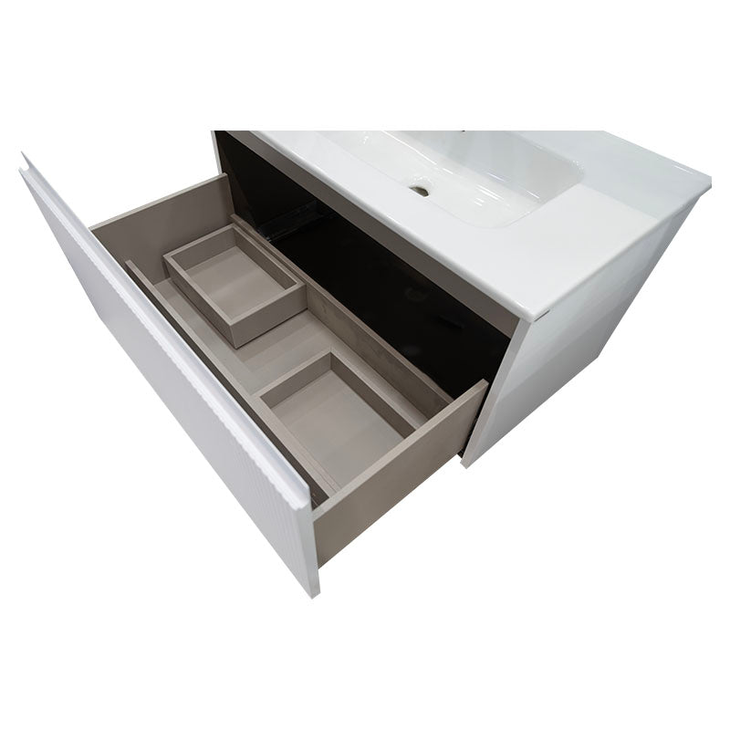 Elm vanity cabinet includes matte white sink