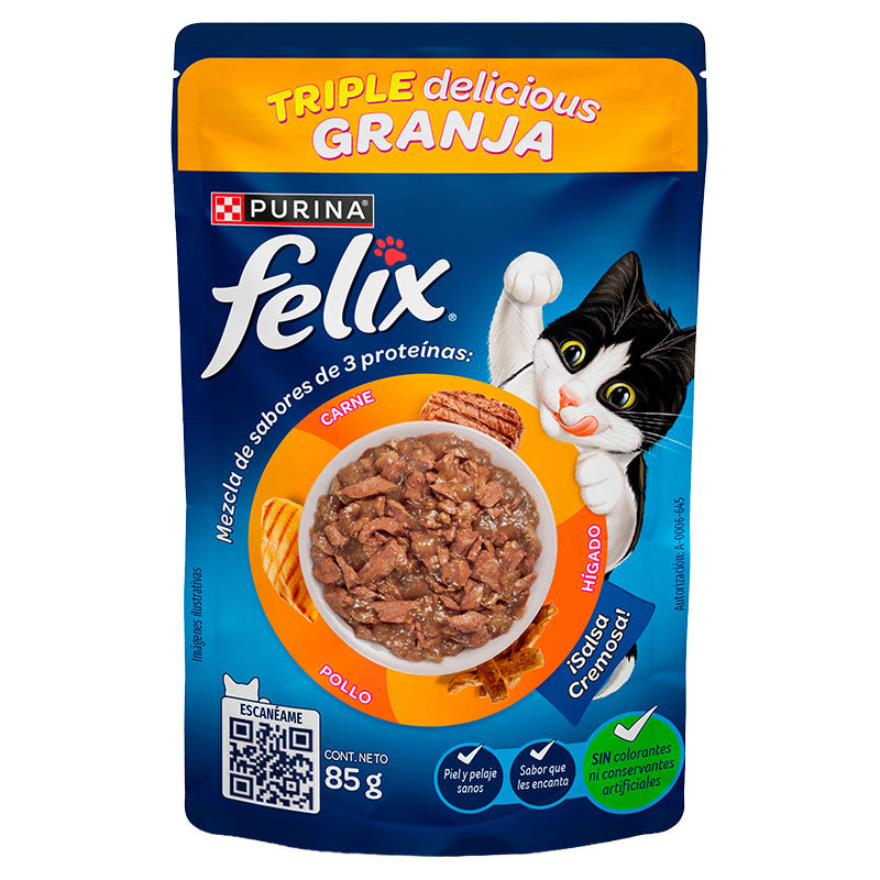 Alimento húmedo para gato adulto marca Félix Triple delicious Granja