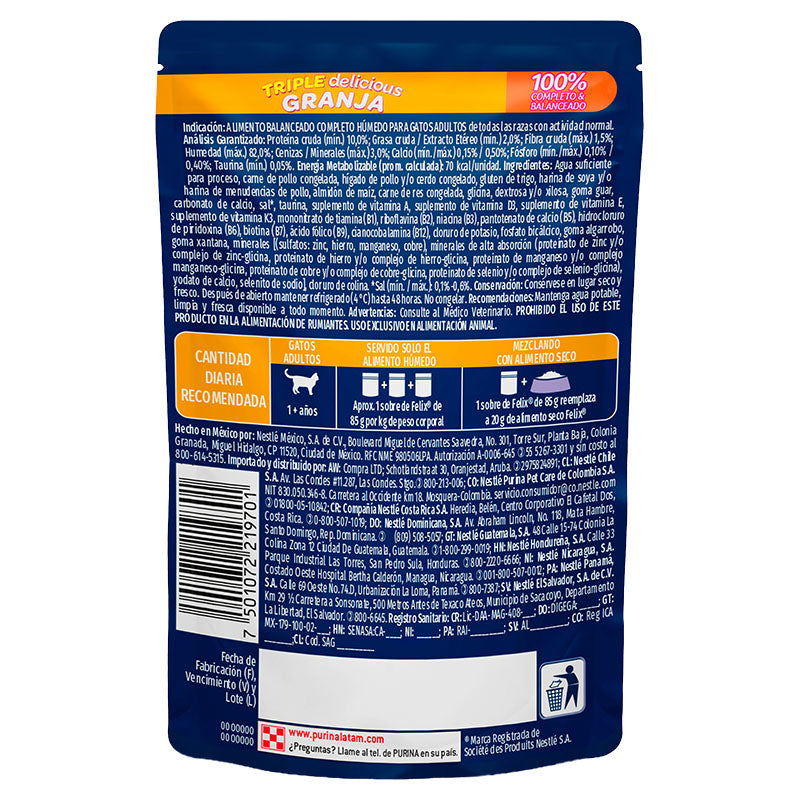 Alimento húmedo para gato adulto marca Félix Triple delicious Granja