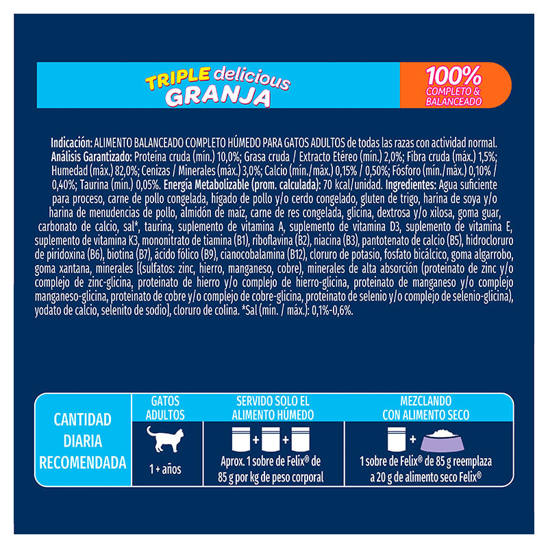 Alimento húmedo para gato adulto marca Félix Triple delicious Granja