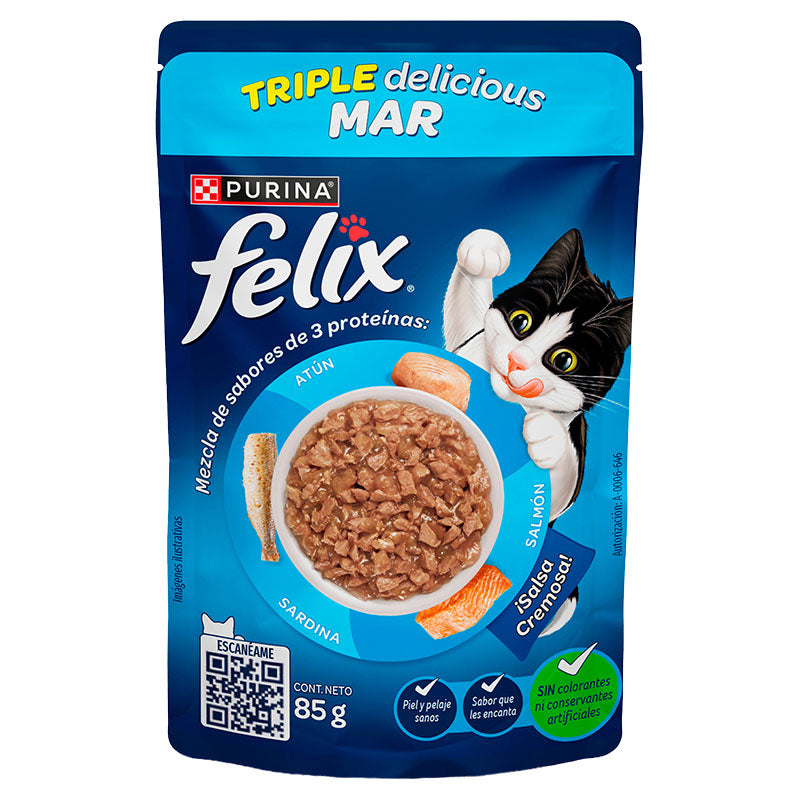 Alimento húmedo para gato adulto marca Félix Triple delicious Mar