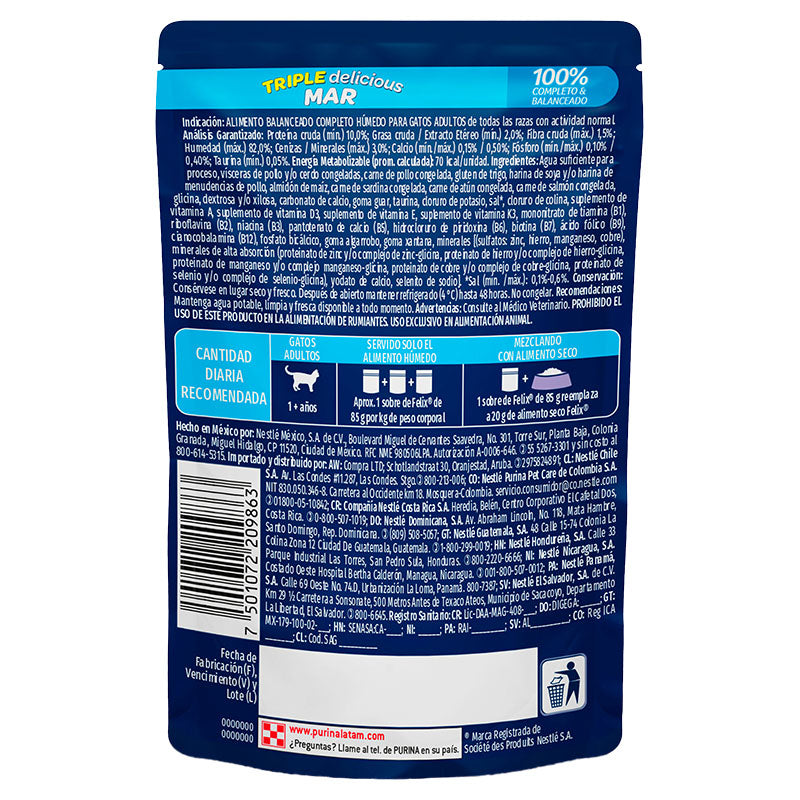Alimento húmedo para gato adulto marca Félix Triple delicious Mar