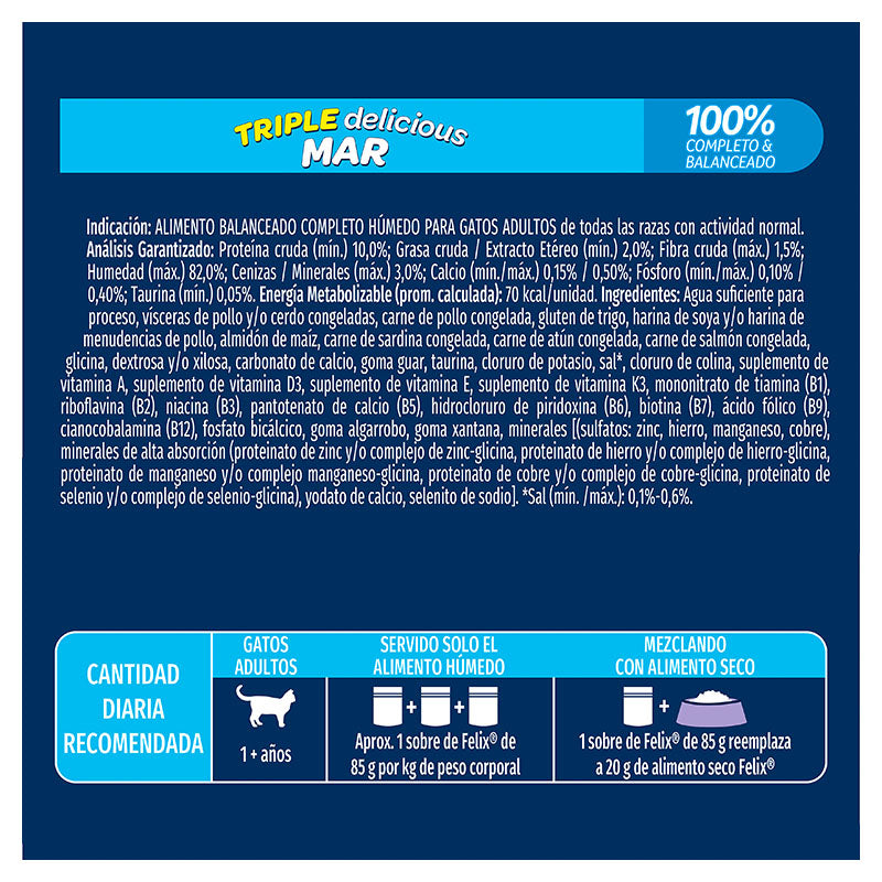 Alimento húmedo para gato adulto marca Félix Triple delicious Mar