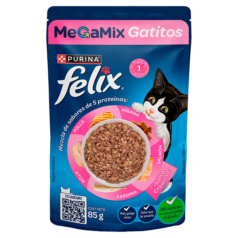 Alimento húmedo para gato cachorro marca Félix Megamix